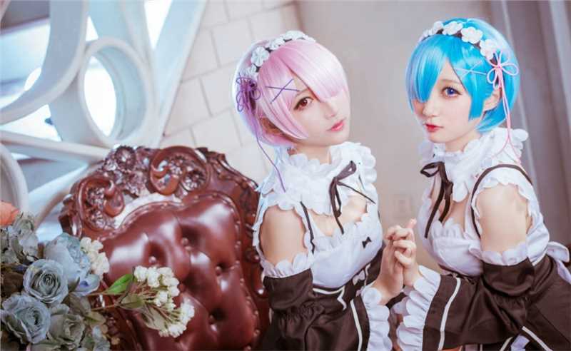 优质动漫美女姐妹花拉姆雷姆女仆服cosplay图片