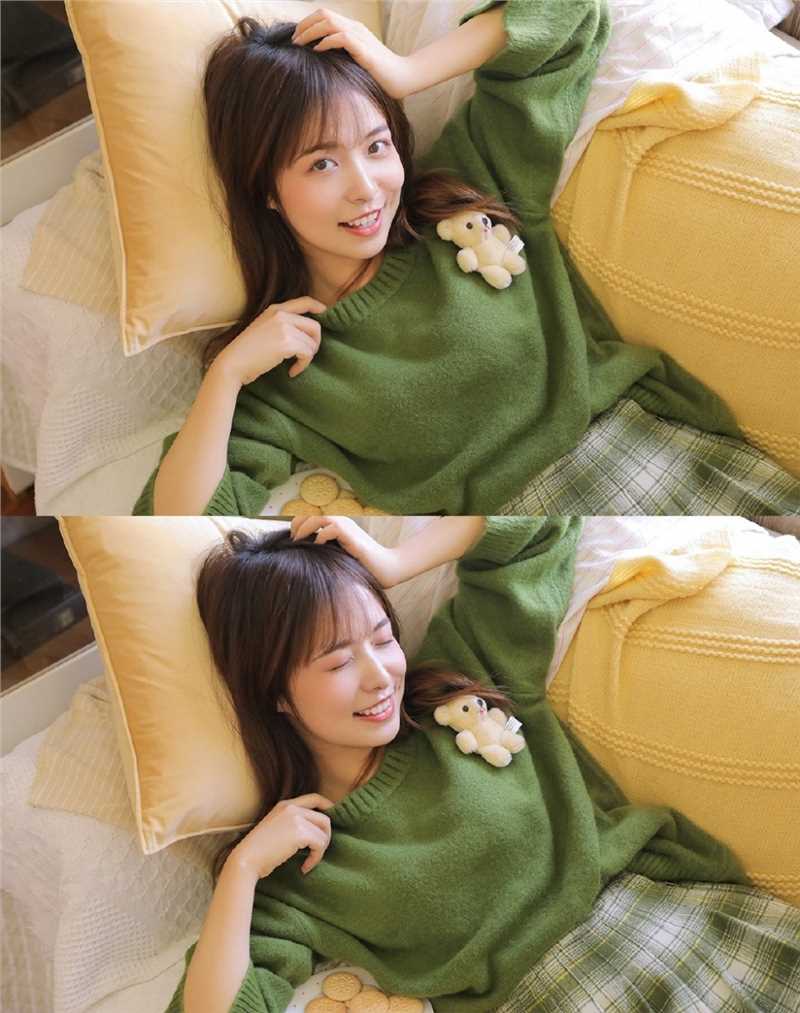 优质绿色格子裙少女甜美微笑俏皮图片图片