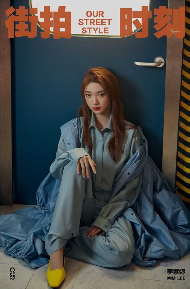 李紫婷又飒又美的蓝色衬衫连体裤时尚照片