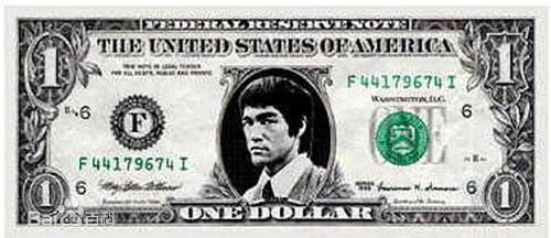 李小龙(Bruce Lee（英语）、ブルース.リー（日语）、 （朝鲜语))纪念邮票、钞票前后照片