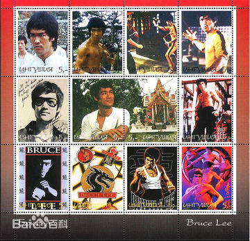 李小龙(Bruce Lee（英语）、ブルース.リー（日语）、 （朝鲜语))纪念邮票、钞票前后照片