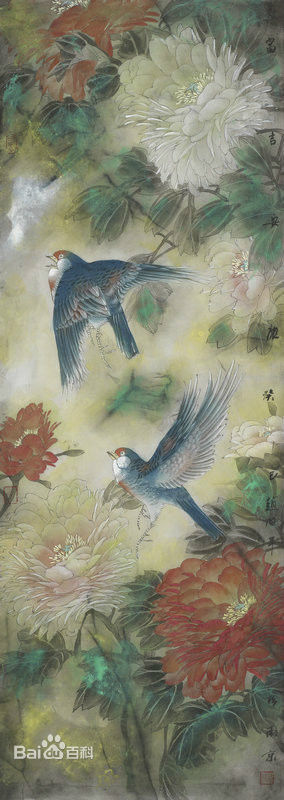 赵治平条屏花鸟作品前后照片