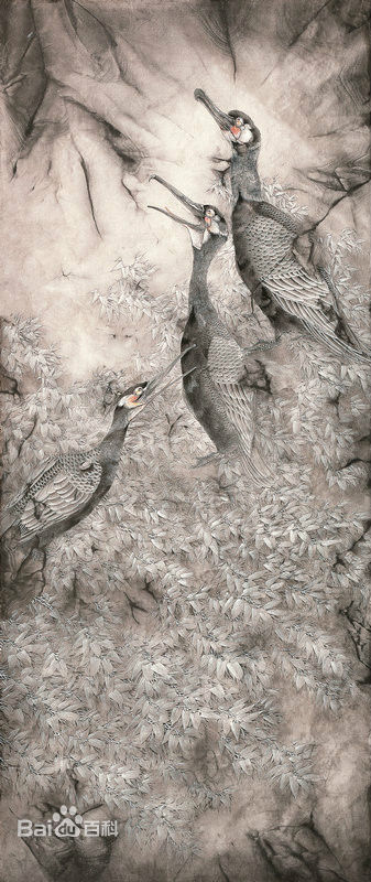 赵治平条屏花鸟作品前后照片