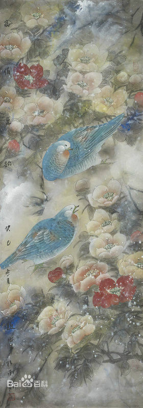 赵治平条屏花鸟作品前后照片