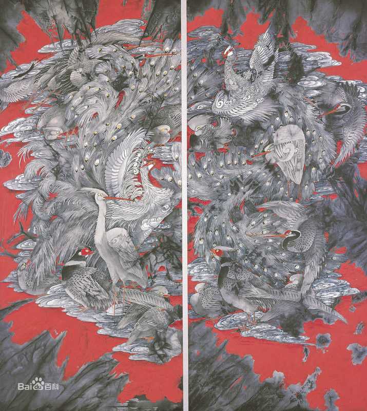 赵治平条屏花鸟作品前后照片