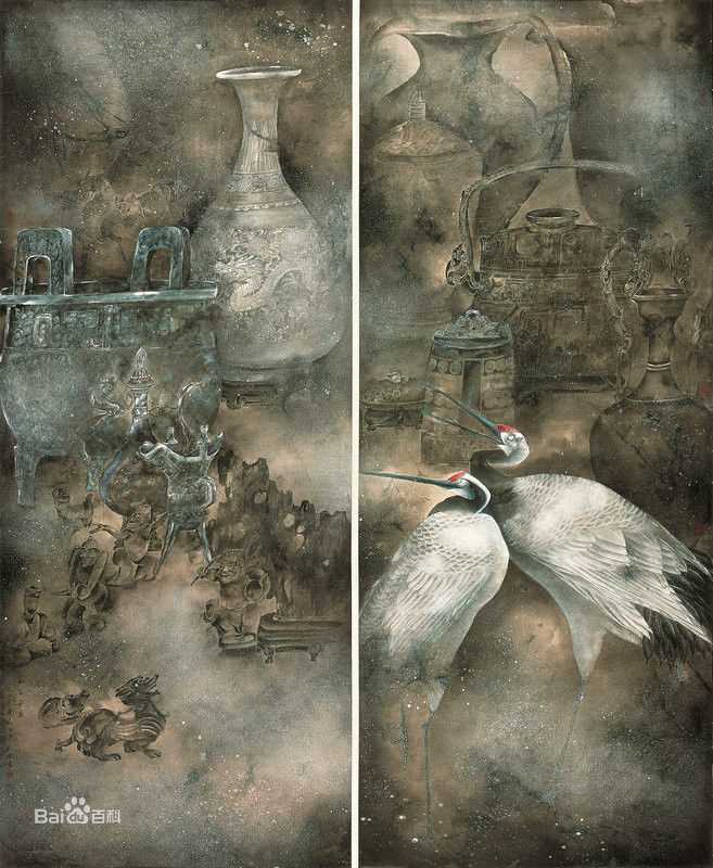 赵治平条屏花鸟作品前后照片