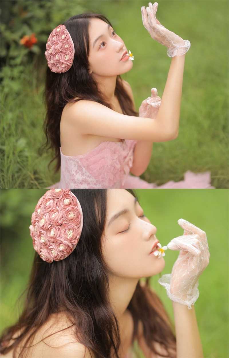 最新性感初中美女粉色抹胸裙光滑美背香肩诱惑户外壁纸