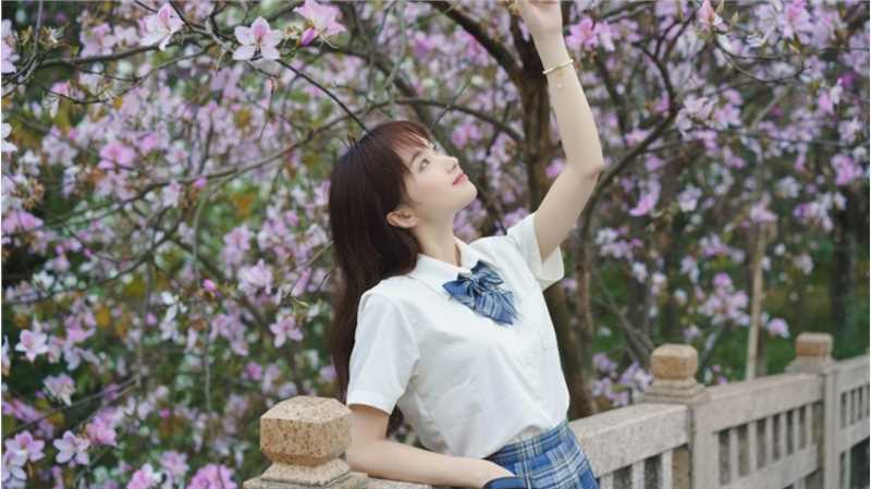 最全蓝色JK格子裙清纯校花紫荆树下初恋图片相册